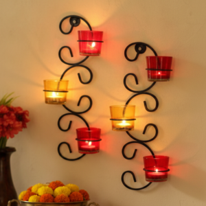 Wall Mounted Metal Tea Light Candle Holder Set with Glass Cups