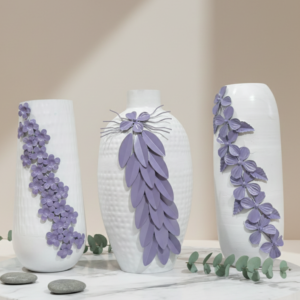 White Metal Decorative Vase Set of 3 with Purple Floral Design – Modern Home Décor Accent
