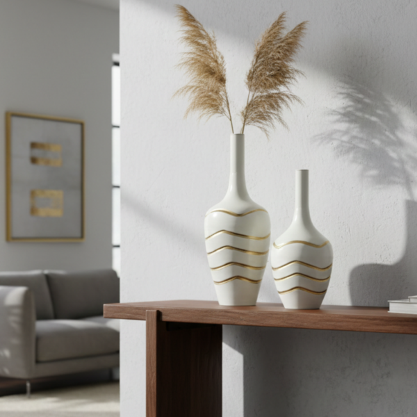 White and Gold Metal Decorative Vase Set – Modern Luxury Vases