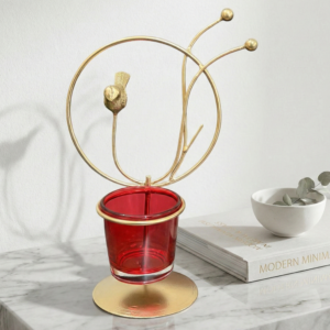 Modern Gold Tea Light Candle Holder with Red Glass