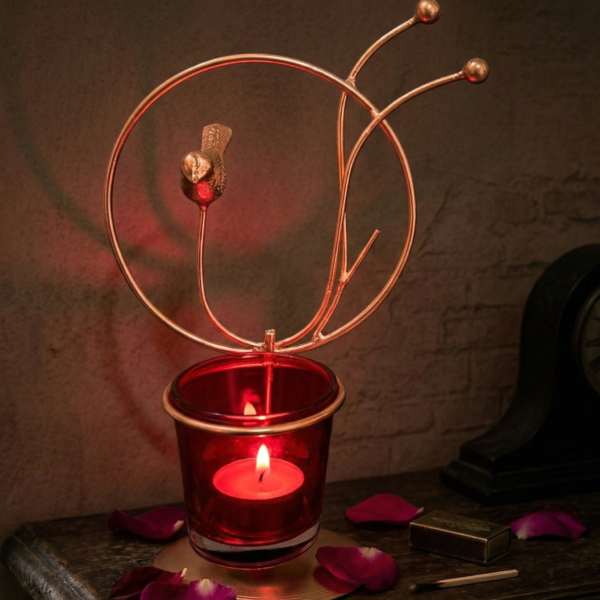 Modern Gold Tea Light Candle Holder with Red Glass – Decorative Tabletop Accent for Home Decor